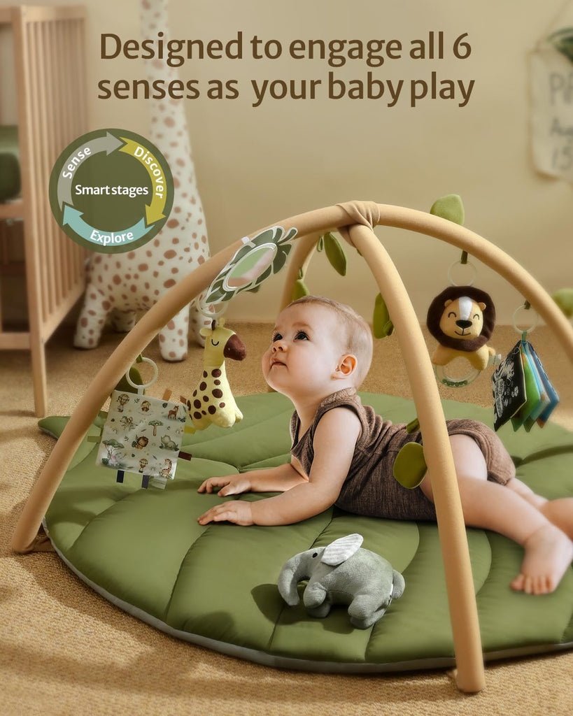 Play Gym & Activity Mat, Oversize Leaf Shaped Baby Play Mat w 6 Detachable Toys, Tummy Time Mat Promote Motor Skills