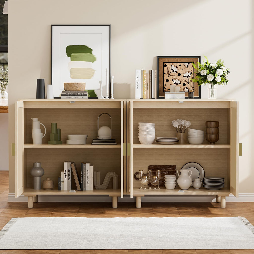 4 Doors Boho Rattan Storage Sideboard Cabinet, Kitchen Buffet, Beige, 2pcs.