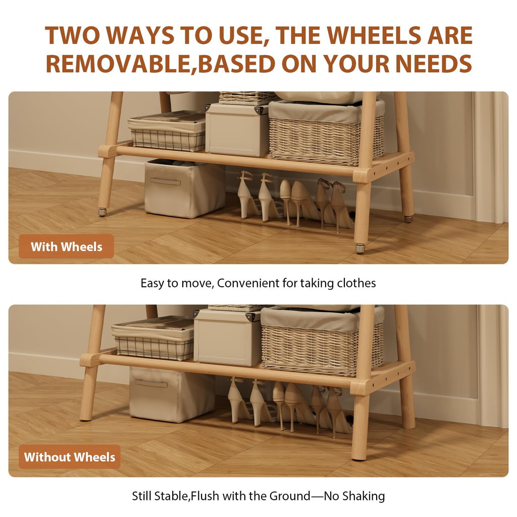 Solid Wood Clothing Rack On Wheels for Hanging Clothes, Natural