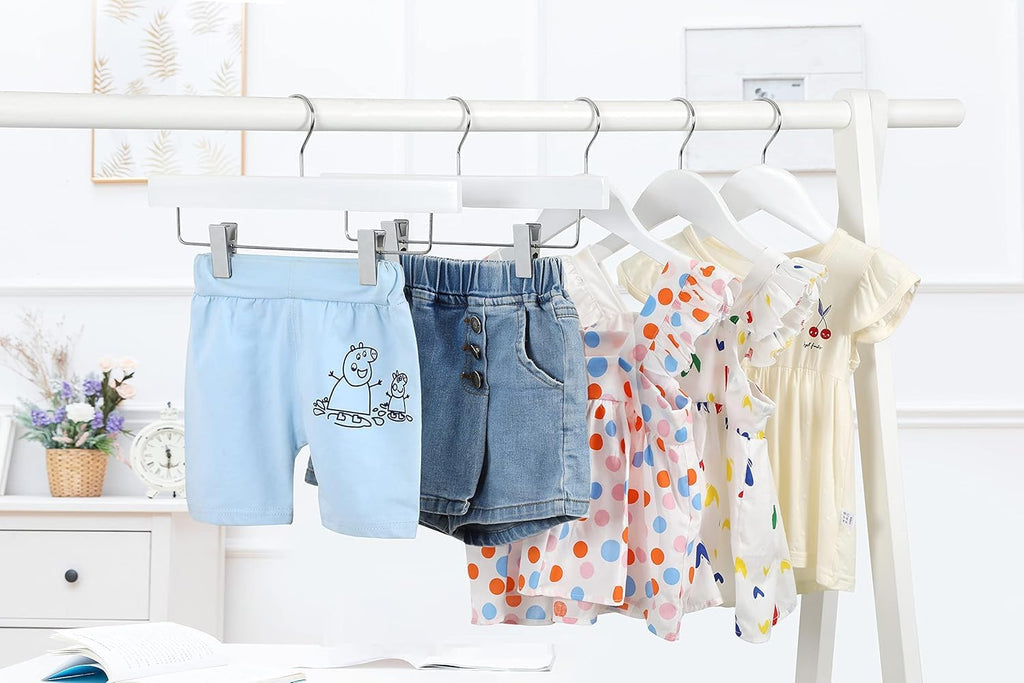 11.8 Inch White Wooden Pants Skirt Hangers for Kids Baby Toddler Children, Extra Thick Chrome Hooks & Anti-Wrinkle