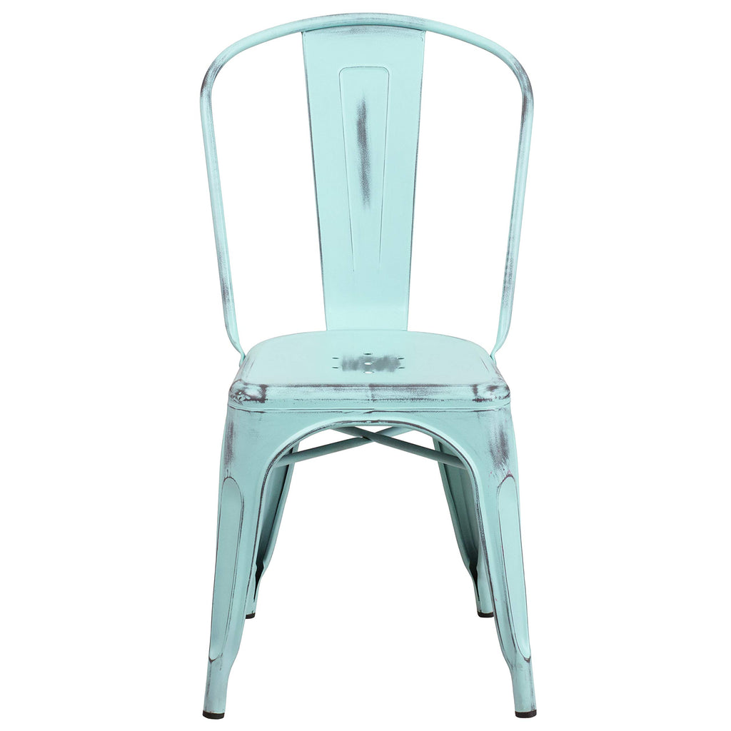 Distressed Green-Blue Metal Indoor/Outdoor Stackable Chair