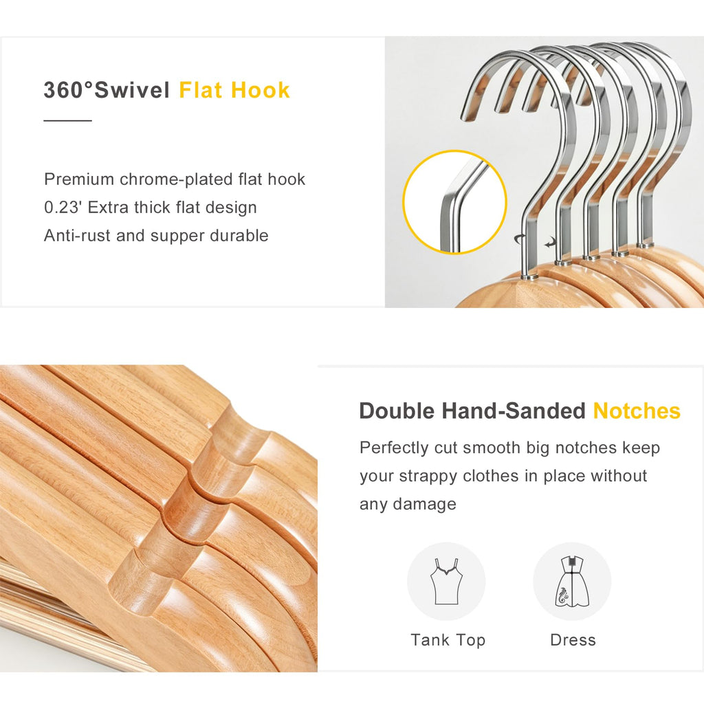 Premium Wooden Hangers with Extra Thick Hook and Non Slip Pants Bar, Luxury Suit Hangers for Closet with Notches for