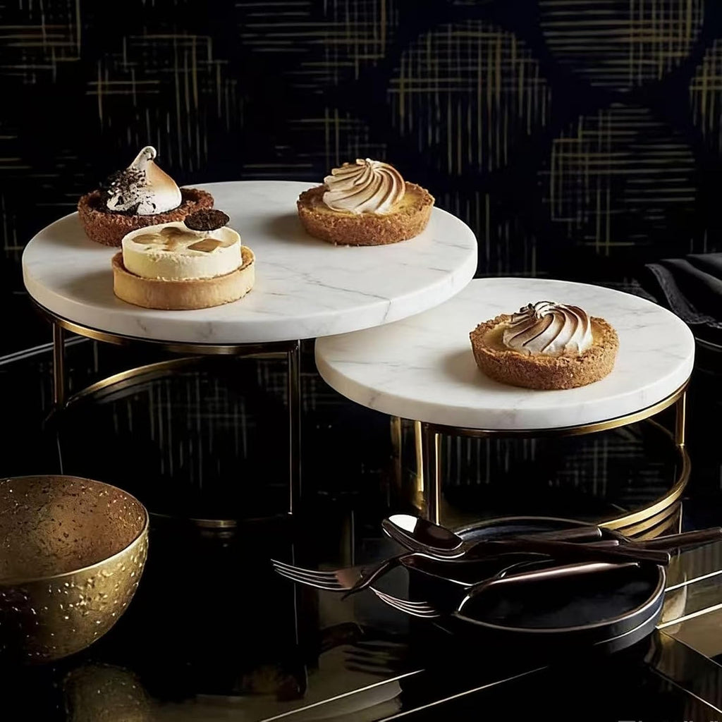 2-Piece Round Marble Cake Stand Set - 9.5 and 7.9 Inch Marble & Gold Dessert Display for Wedding, Party Decor - Set of 48