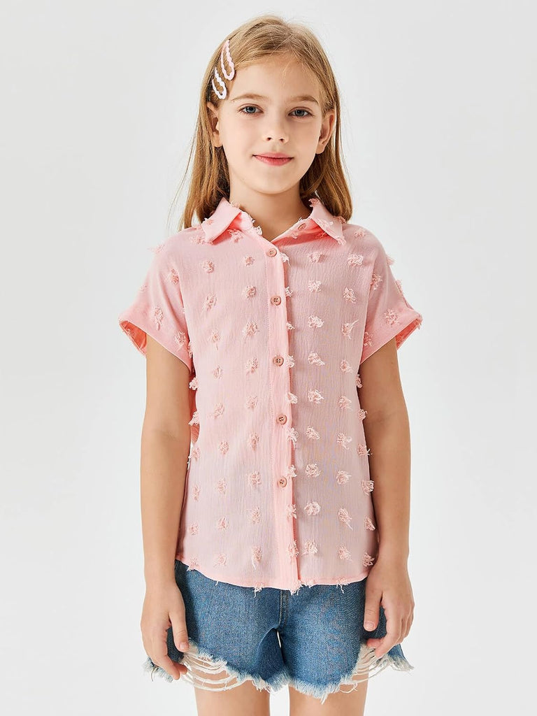 Girls Button Down Shirts Short Sleeve Kids Casual Chiffon Blouse Summer Tops T-Shirt