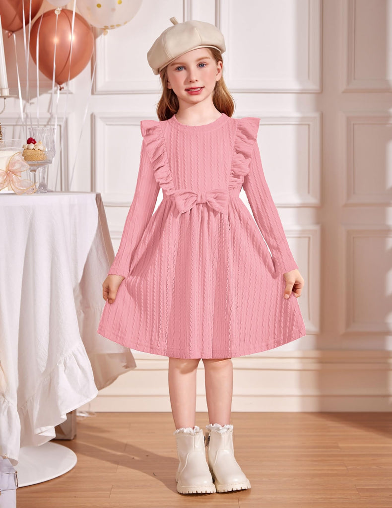 Toddler Girl Dress Ruffle Ribbed Knit Long Sleeve A-Line Swing Fall Winter Bowknot Casual Pink Dress with Pockets
