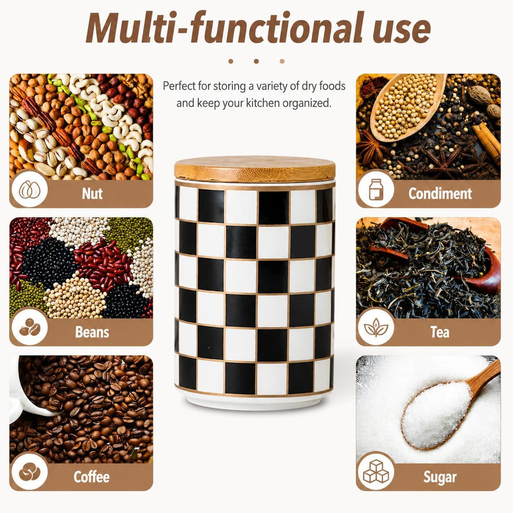 Kitchen Countertop Ceramic Checkered Canisters,Black And White Food Storage Containers With Lid,Airtight Kitchen