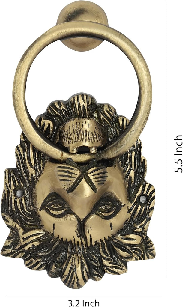 Brass Door Knocker Hand-Etched Carved Gate Knocker Handle Pull Home Decor Hardware Lion Head Design Golden Color 5.5