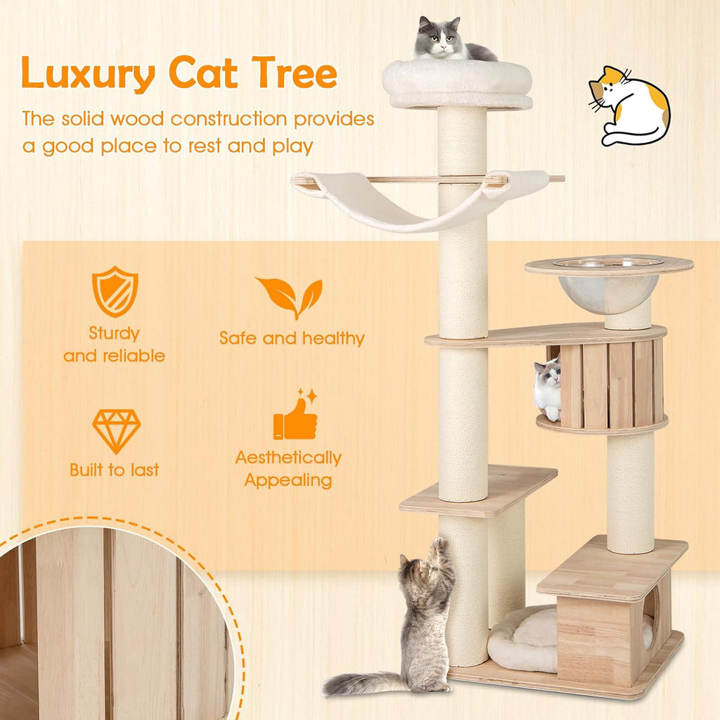 69" Tall Cat Tree, Multi-Layer Wood Cat Tower with Scratching Posts, Perch, Condo, Space Capsule, Hammock, Washable