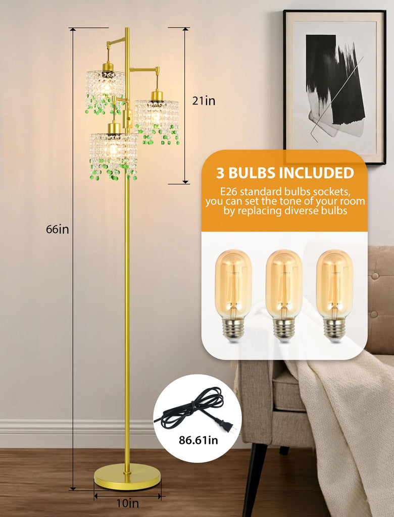 64" Crystal Floor Lamp with 3 Lights, Elegant Crystal Floor Lamp, Modern Standing Lamp, Gold Metal Base, K9 Crystal