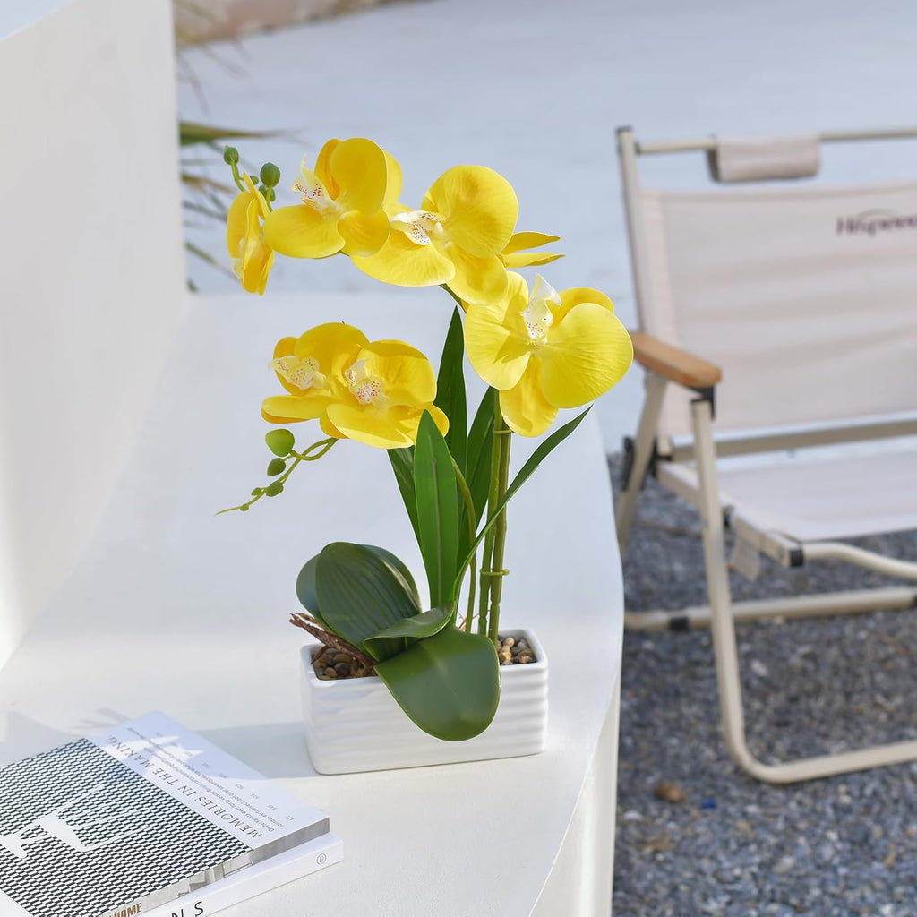 Artificial Real Touch Orchid Flowers with White Ceramic Vase, Yellow