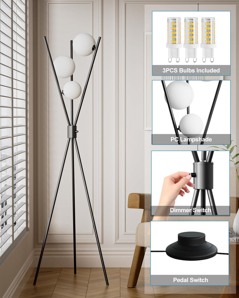 60IN Dimmable Black Tripod Floor Lamp Mid Century Standing Lamps with 3Pcs 3000K Bulbs Included Eye Care&Stable Base