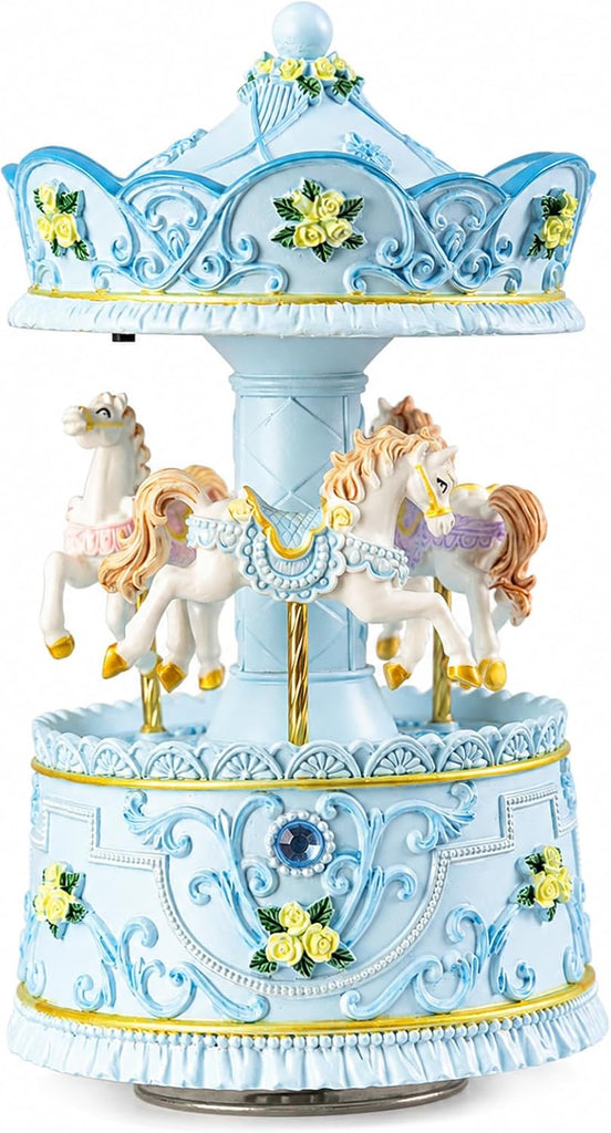 Lighted Rotating Carousel Music Box, Wind Up Musical Merry-Go-Round Figurine, Hand Painted Vintage Blue Collectible