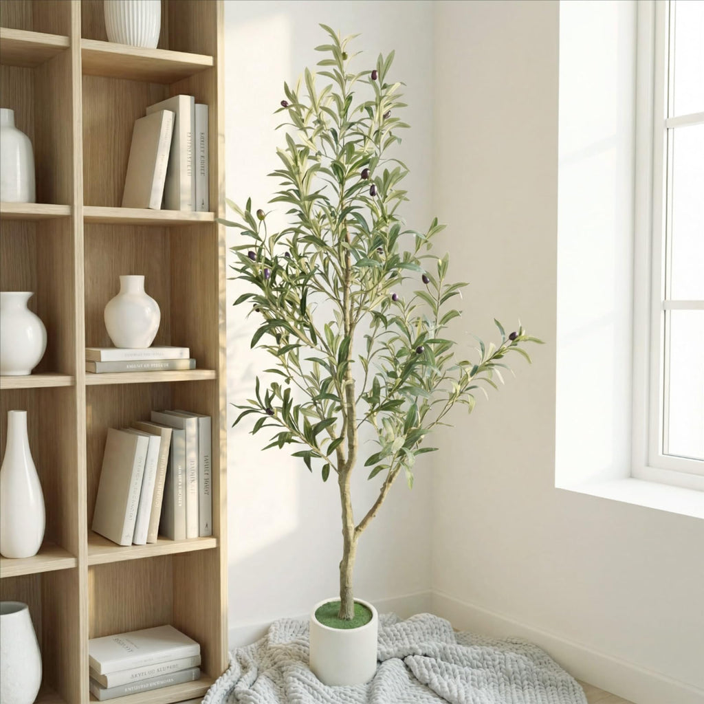 Faux Olive Tree, 5FT Artificial Olive Trees with Lifelike Olive Branches and Fruits, Fake Floor Plants with Pot for