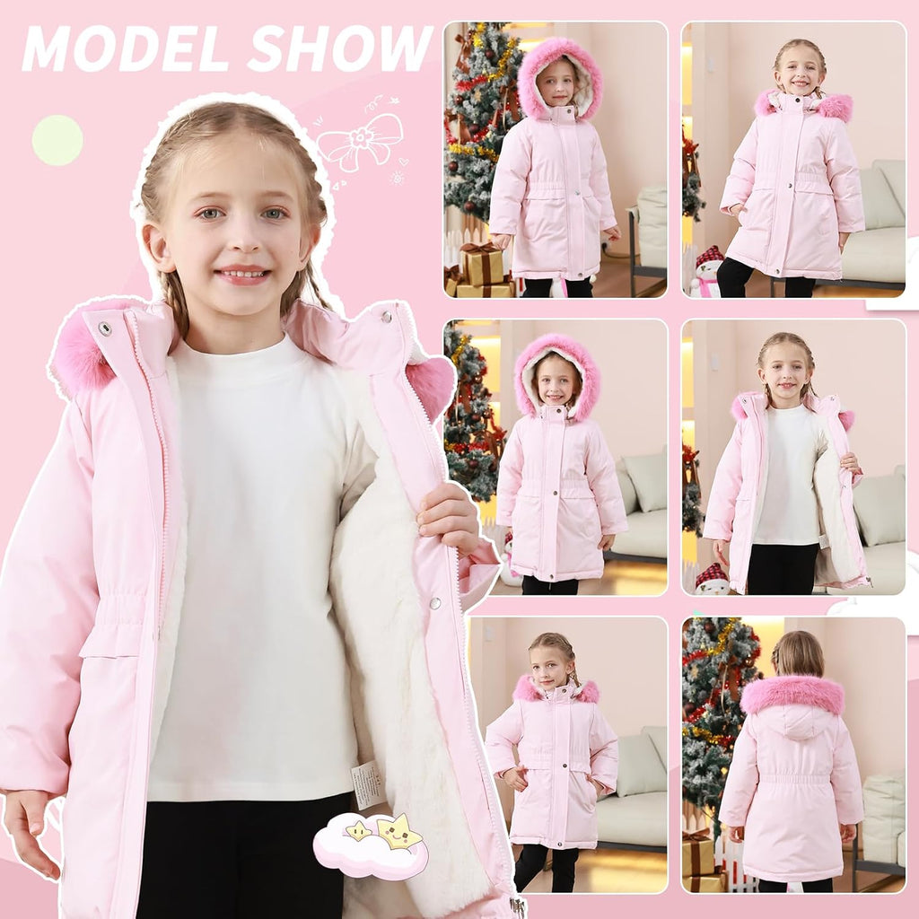 Girls Winter Coat Long Puffer Jacket Outwear Warm Quilted Coats Parka Kids Removable Hood Fleece Inner