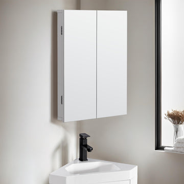 24" Bathroom Corner Medicine Cabinet W/Mirror, Double Doors Bathroom White Wall Mount Mirror Cabinet, Hanging Triple