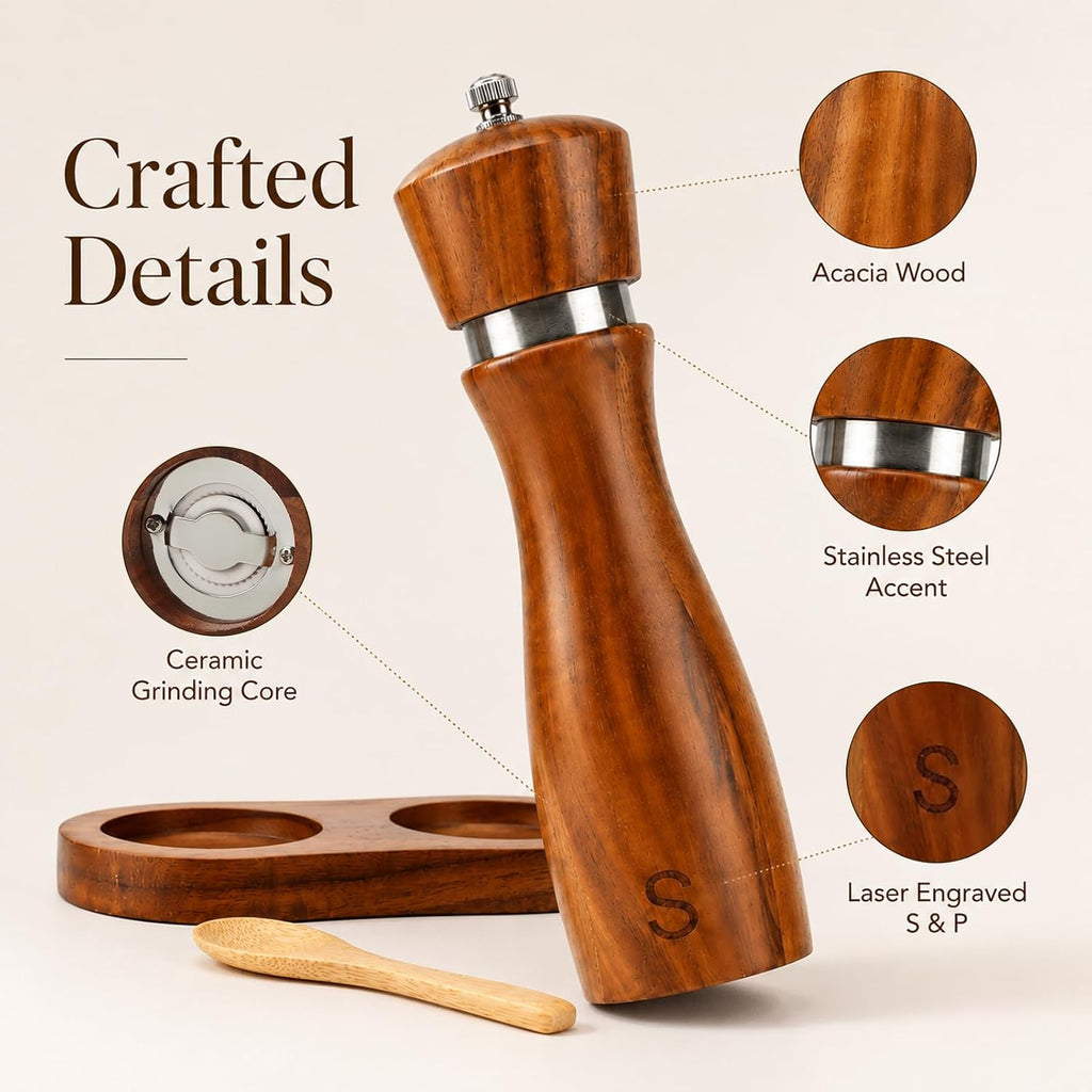 Wooden Salt and Pepper Grinder Set, 8 Inch Solid Hardwood Spice Mills with Adjustable Ceramic Rotor, Refillable - Set of 4