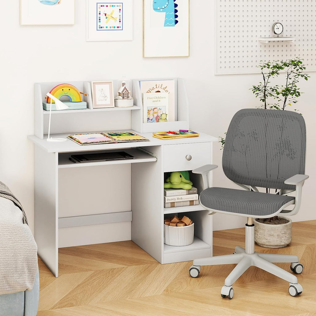Kids Desk, Wooden Children Study Table with Hutch, Drawer, Storage Shelves & Keyboard Tray School Writing, Drawing or