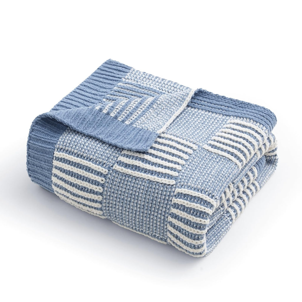 Checkered Knit Throw Blanket for Couch, Blue 50"x60"