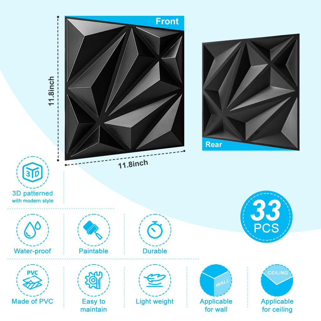 33-Pack Accent 3D Textured Wall Panels, 11.8 x 11.8 in, Black