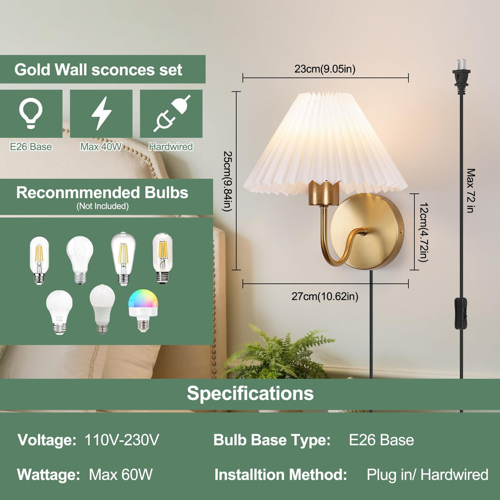 Wall Sconces Sets of 2, Golden Plug in Wall Sconces with Switch for Dresser, Classic Cord Wall Lamp Living Room