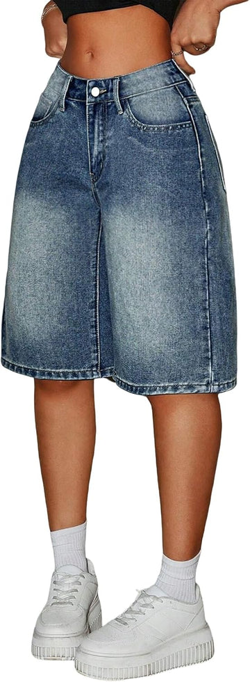 Girls Jean Shorts Baggy Wide Leg Cute Y2K Retro Washed Denim Shorts for Teen Girl Trendy Distressed Streetwear
