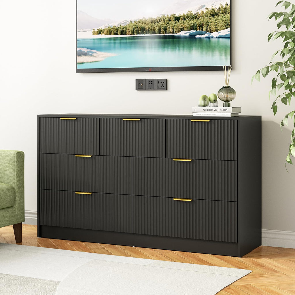 7 Drawer Fluted Dresser with Deep Drawers, Black丨55 Wide Mid Century Dresser, Modern Chest of Drawers, Wood TV Stand