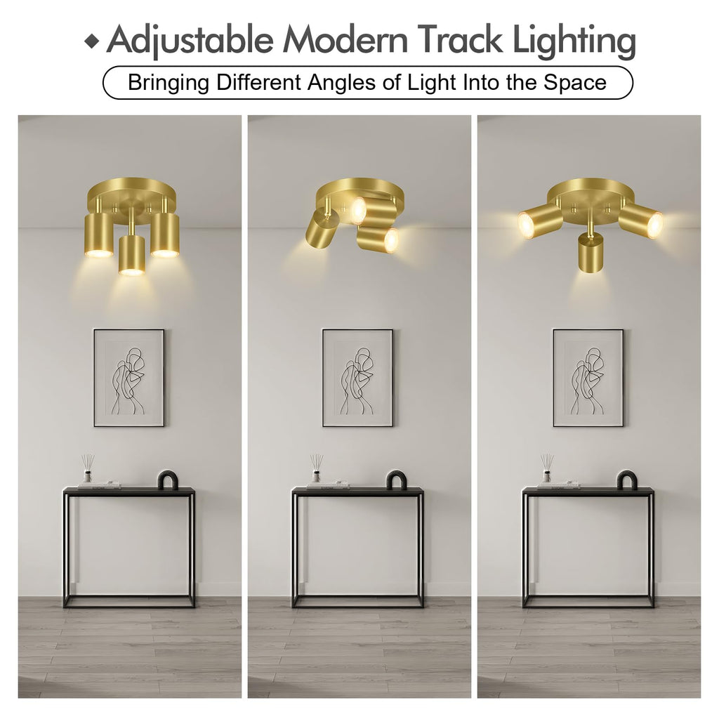 3 Light Track Lighting Fixtures Ceiling, Gold Round Directional Ceiling Spotlight, GU10 Flush Mount Track Fixture
