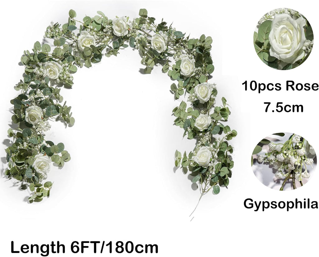 6FT Artificial Eucalyptus White Flower Garland with Roses & Baby's Breath