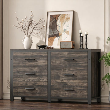 Dark Rustic Dresser, Wide Wood Dressers Furniture with 6 Wooden Drawer and Metal Frame, TV Stand with Deep Drawer