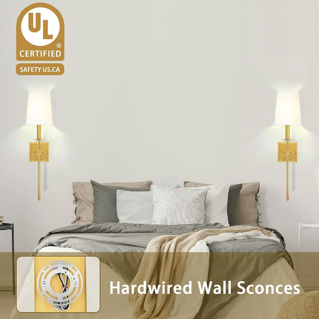 Gold Wall Sconces Set of Two, Farmhouse Sconces Wall Lighting with Dimmer ON/Off Switch, Hardwired Brushed Brass Wall