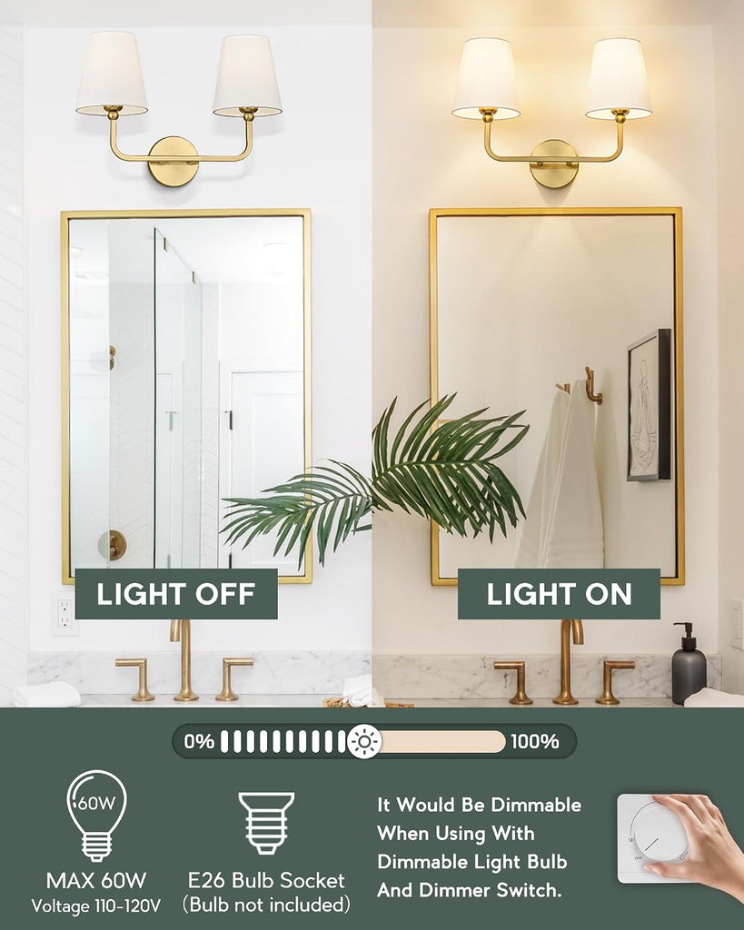 2 Light Bathroom Vanity Light, Brushed Gold Double Wall Sconce with Flared White Fabric Shade, Modern Sconces Wall