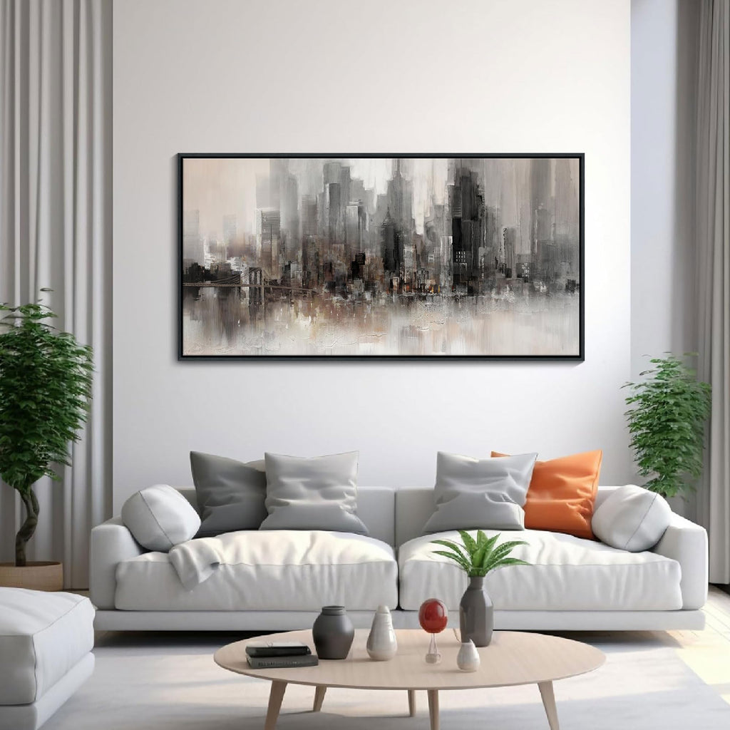 Nyc Skyline Painting Wall Grey Buildings Picture Modern Home Bedroom Decoration Black and White and Brown Framed