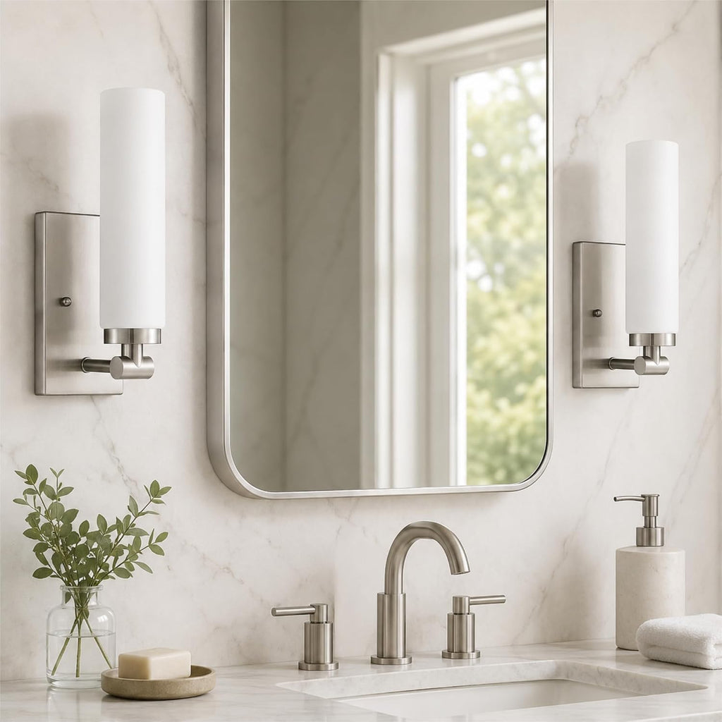 Brushed Nickel Wall Sconces, 2 Light Bathroom Light Fixtures with Milk Glass Shade, Modern Wall Lights , Mirror