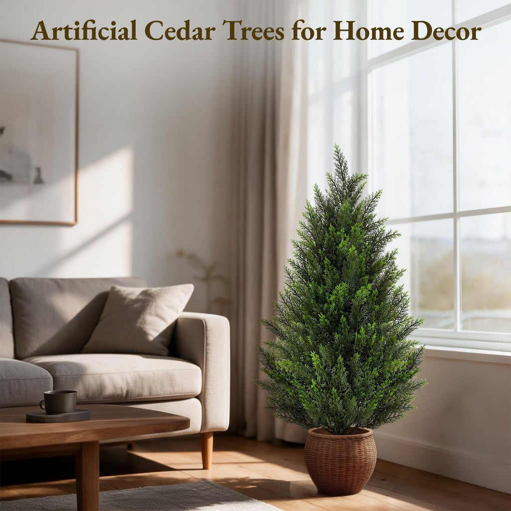 Artificial Cedar Trees 3FT Faux Cedar Topiary Evergreen Plants UV Resistant Outdoor Indoor Fake Cypress Pine Trees