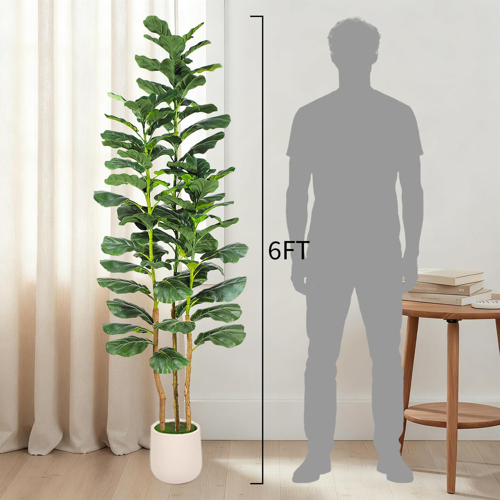 6ft Artificial Fiddle Leaf Fig Tree with White Planter, Tall Fake Plant with Natural Wood Trunk and Lifelike Leaves