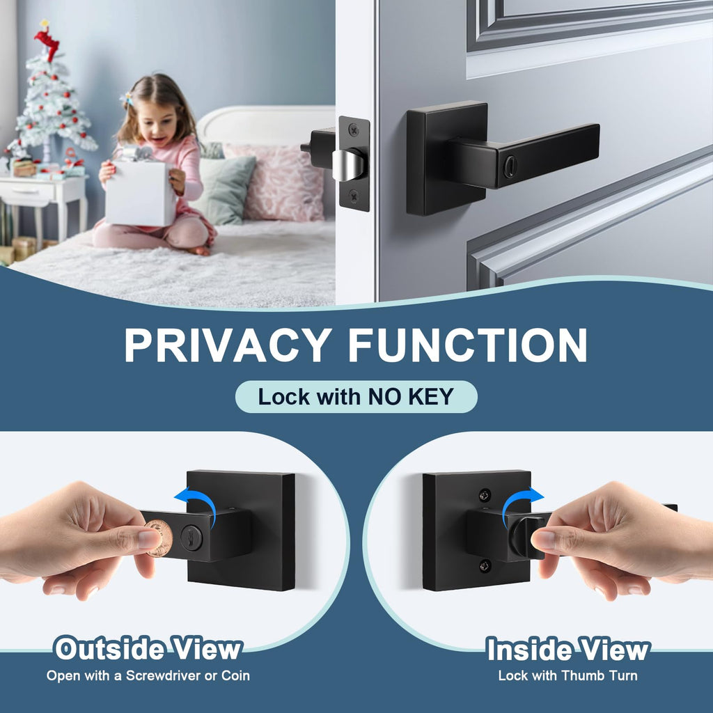 3 Pack Privacy Door Handles Matte Black Door Knob Interior Door Levers Bathroom, Modern Door Handles for Right and