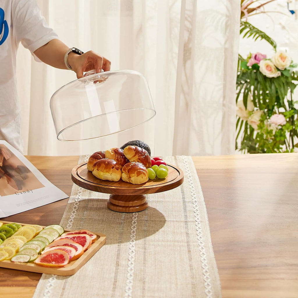 Cake Stand with Lid: 11in Rotating Wooden Cake Holder w/Glass Dome