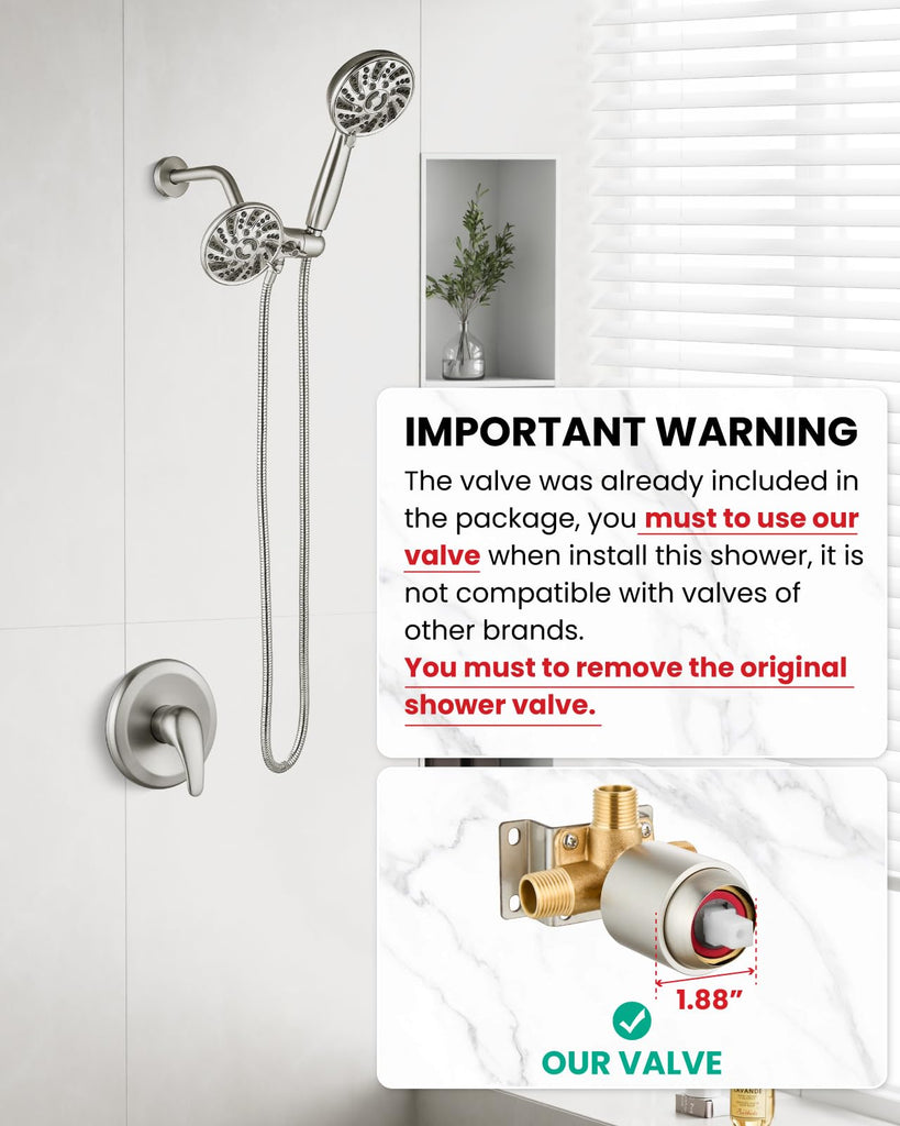 Dual Shower Head Kit with Valve 6 Mode Handheld Brushed Nickel