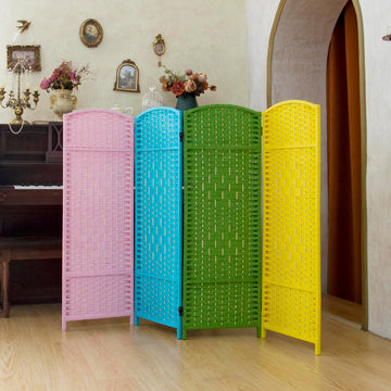 Compact 4 Panel Short Room Divider, 47.2 Inch Tall Double-Sided Rattan Folding Privacy Screen, Colorful