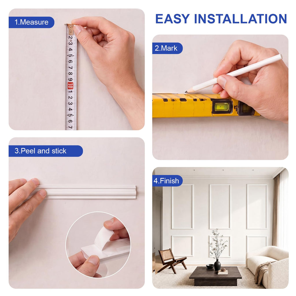 Peel and Stick Wall Molding Kit, 6-Frame Pre-Cut Wainscoting Panels, Ready-to-Assemble Self Adhesive Wall Moulding