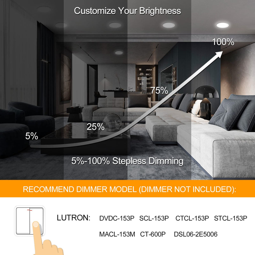 8 Inch LED Recessed Lighting with Junction Box Ultra-Thin, 3000K/4500K/6000K Selectable, 8" Dimmable Canless LED