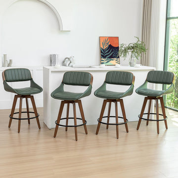 Set of 4 Bar Height Stools - 29.5 inch Mid Century Swivel Bar Stools with Upholstered Faux Leather, Walnut Crafts