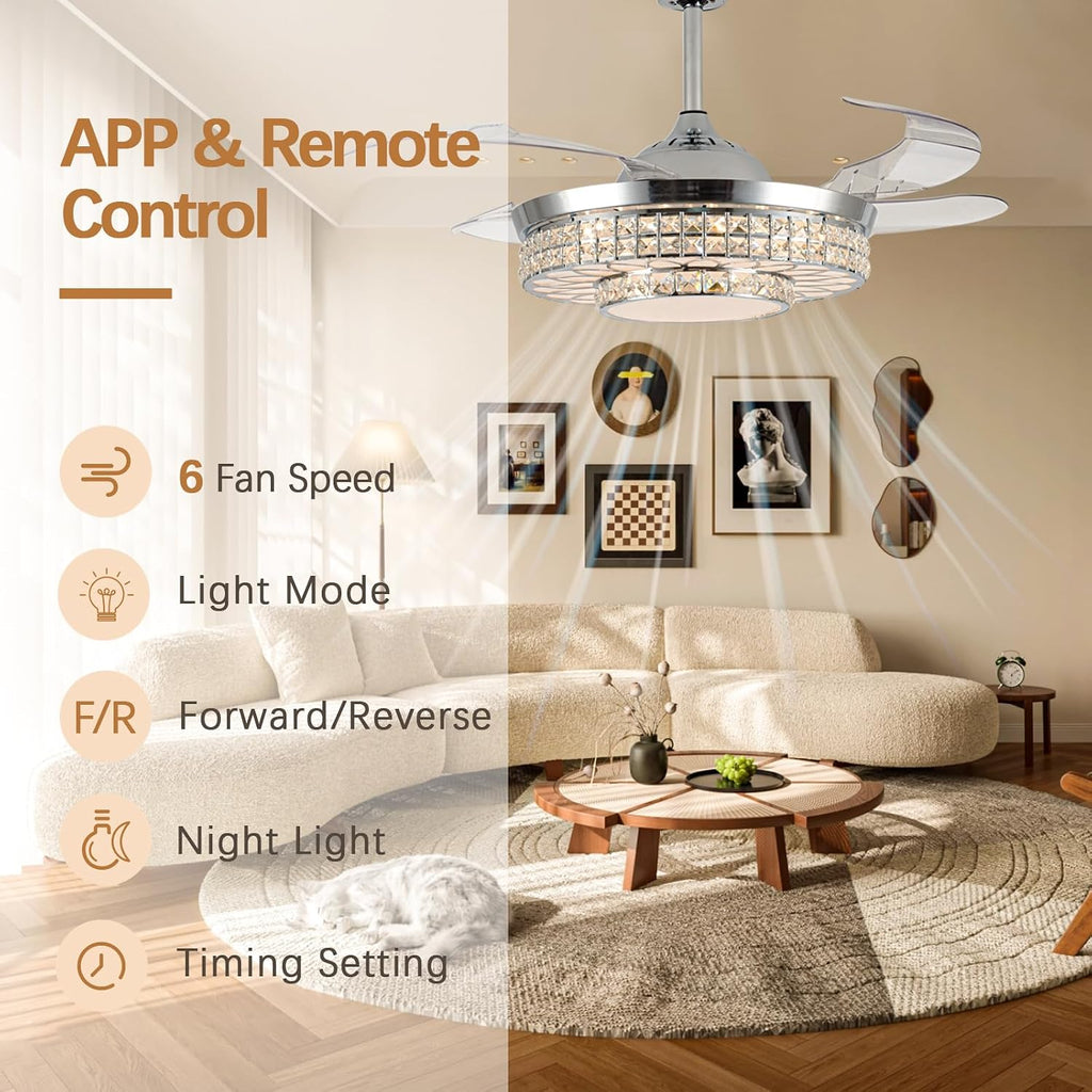 42" Retractable Ceiling Fans with Lights, Crystal Chandelier Ceiling Fan with Remote & APP Control, Modern Dimmable