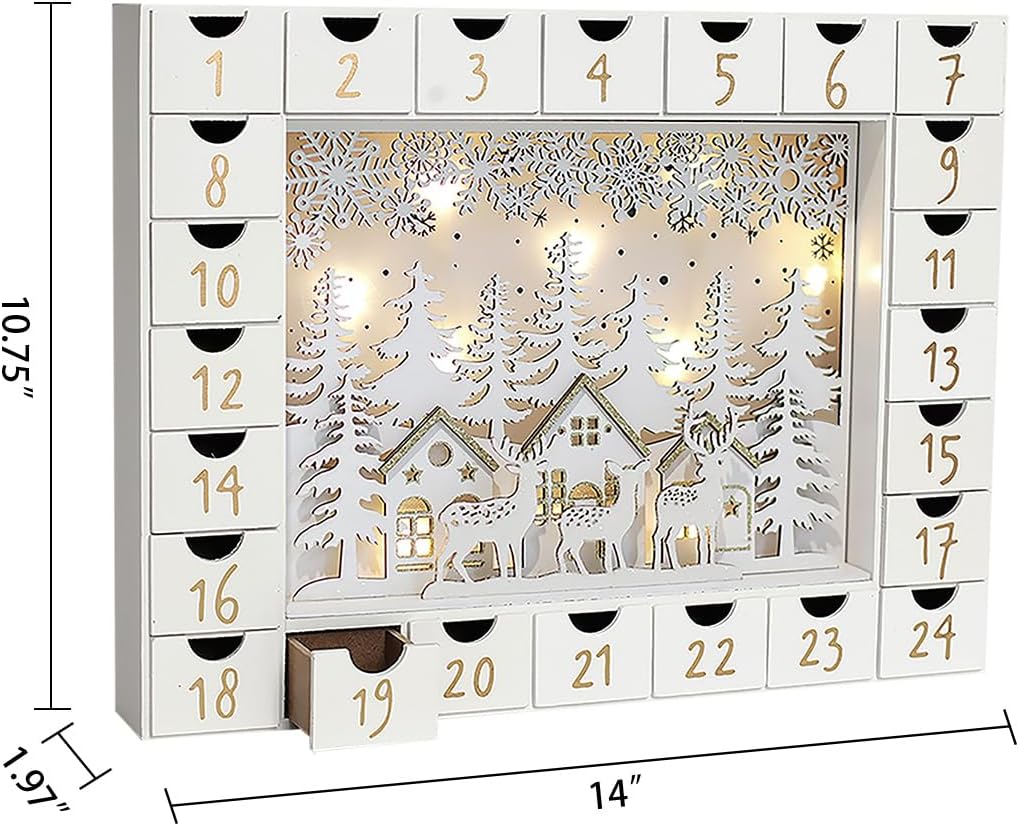 Christmas Wooden Advent Calendar with 24 Drawers to Fill Small Gifts Christmas Scene with LED Lights Countdown to
