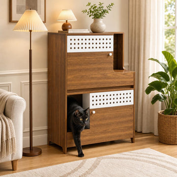 Modern Cat House Side Table with Storage, 44.8 Inch Decorative Hidden Cat Litter Box Cabinet for 2 Cats