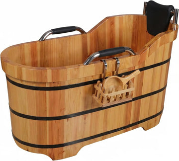 Natural Cypress Wood Hot Tub with Steam Lid & Non-Slip Handrails - 47" Freestanding Spa Bathtub for Adults and Kids