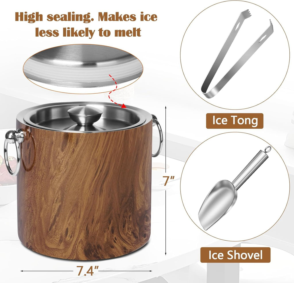 Ice Bucket with Lid & Tong- Well Made Insulated Stainless Steel Keep Ice Frozen Longer