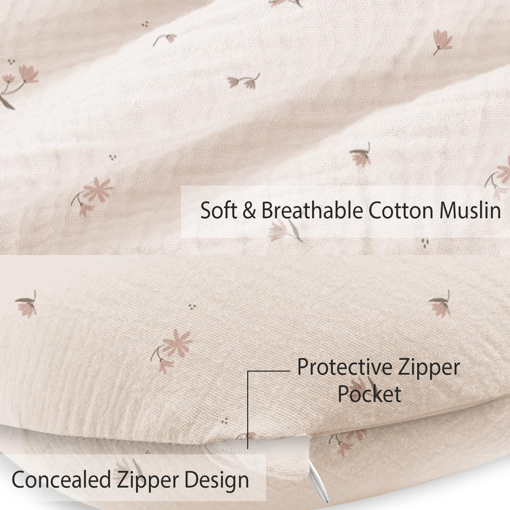 100% Cotton Muslin Nursing Pillow Covers 2 Pack, (Flower)