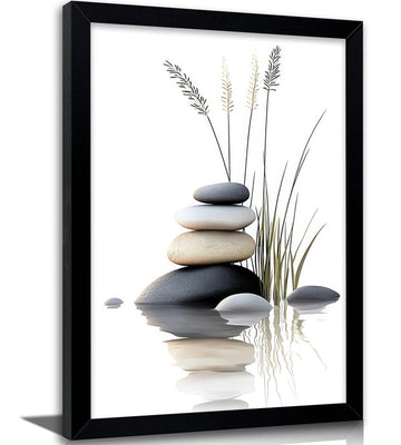 Framed Zen Stone Stack Wall Art, Black White Beige Balance Rocks with Grass Reed, Minimalist Water Reflection Canvas