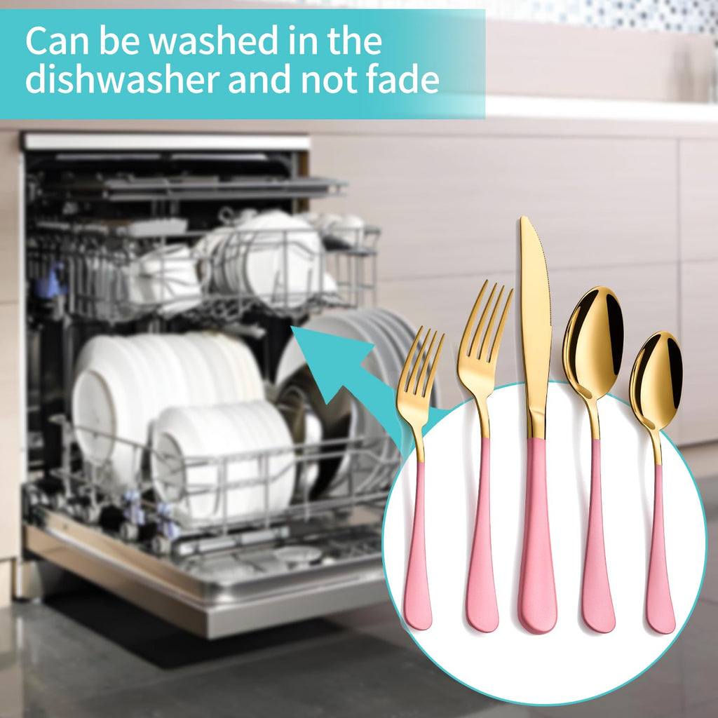 20-Piece Gold & Pink Silverware Set for 4, 18/0 Stainless Steel Flatware Cutlery Utensils Set, Includes Dinner